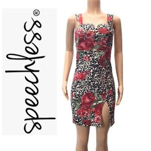 Speechless Red Rose Animal Print Sleeveless Slit Front Sheath Dress Size XS